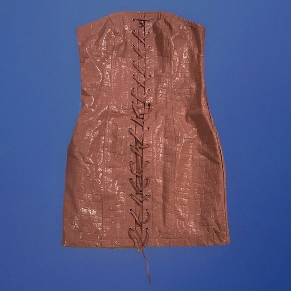 Shein VEGAN LEATHER Lined Strapless Short Mini Bodycon Tube Top Pink Dress S - Picture 2 of 4